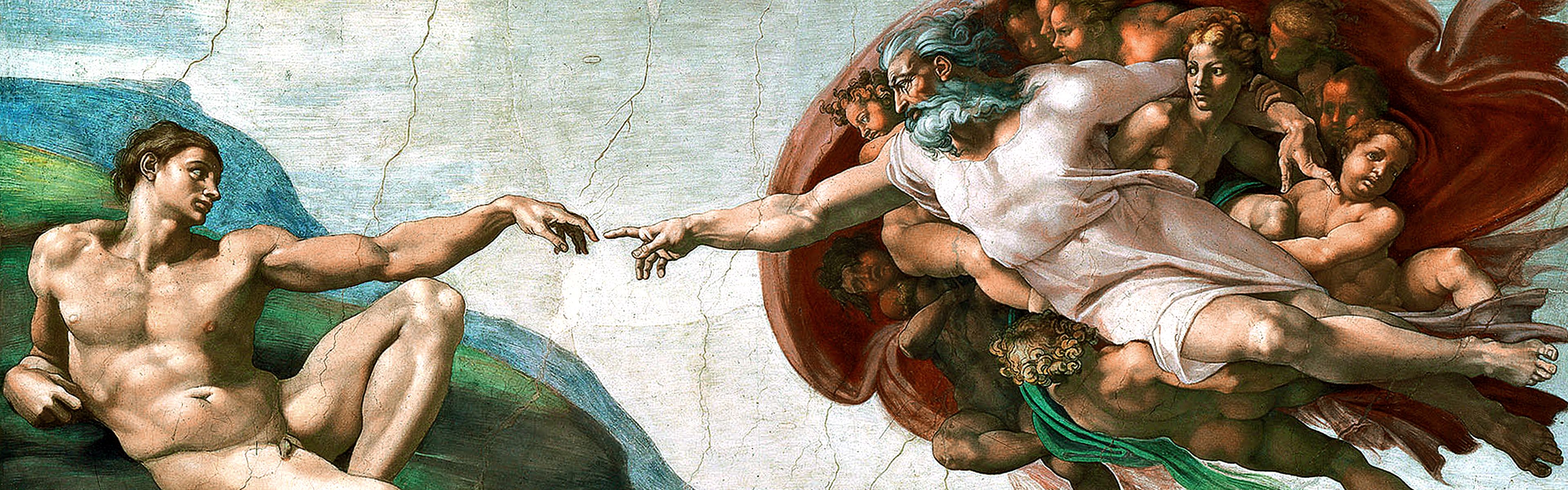Detail from Michelangelo's painting, The Creation of Adam, showing God's hand touching Adam's hand. - The Creation of Adam