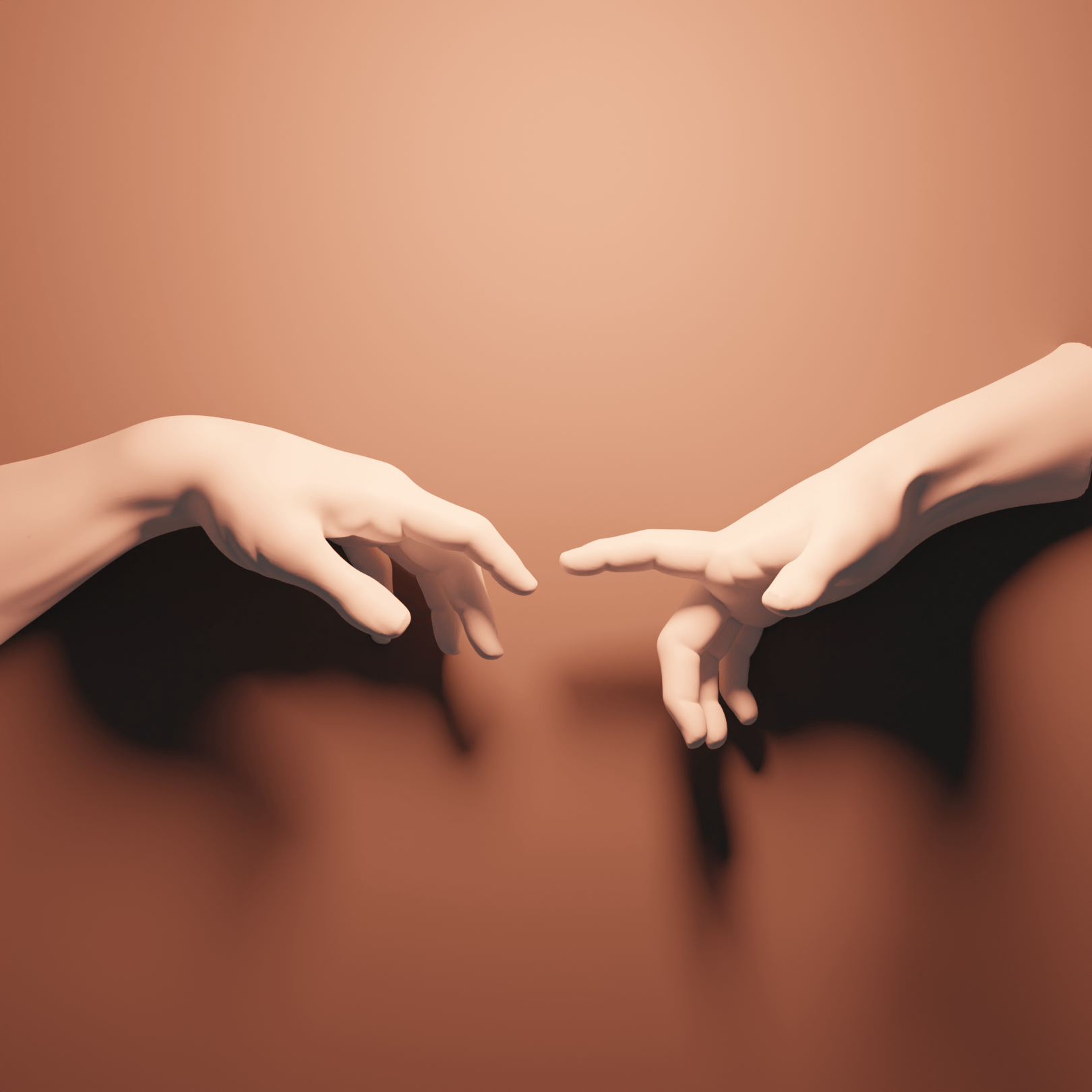 Two hands in the air, one in front of the other, as if holding hands or touching. - The Creation of Adam