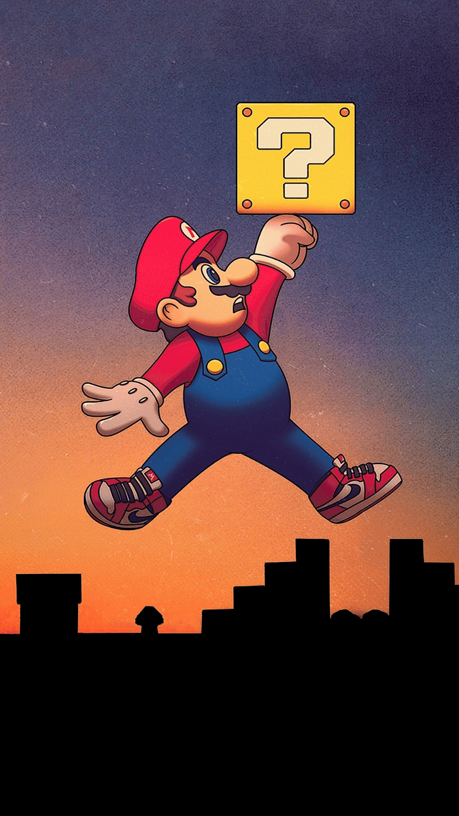 Mario jumping over a city with a question block - Super Mario