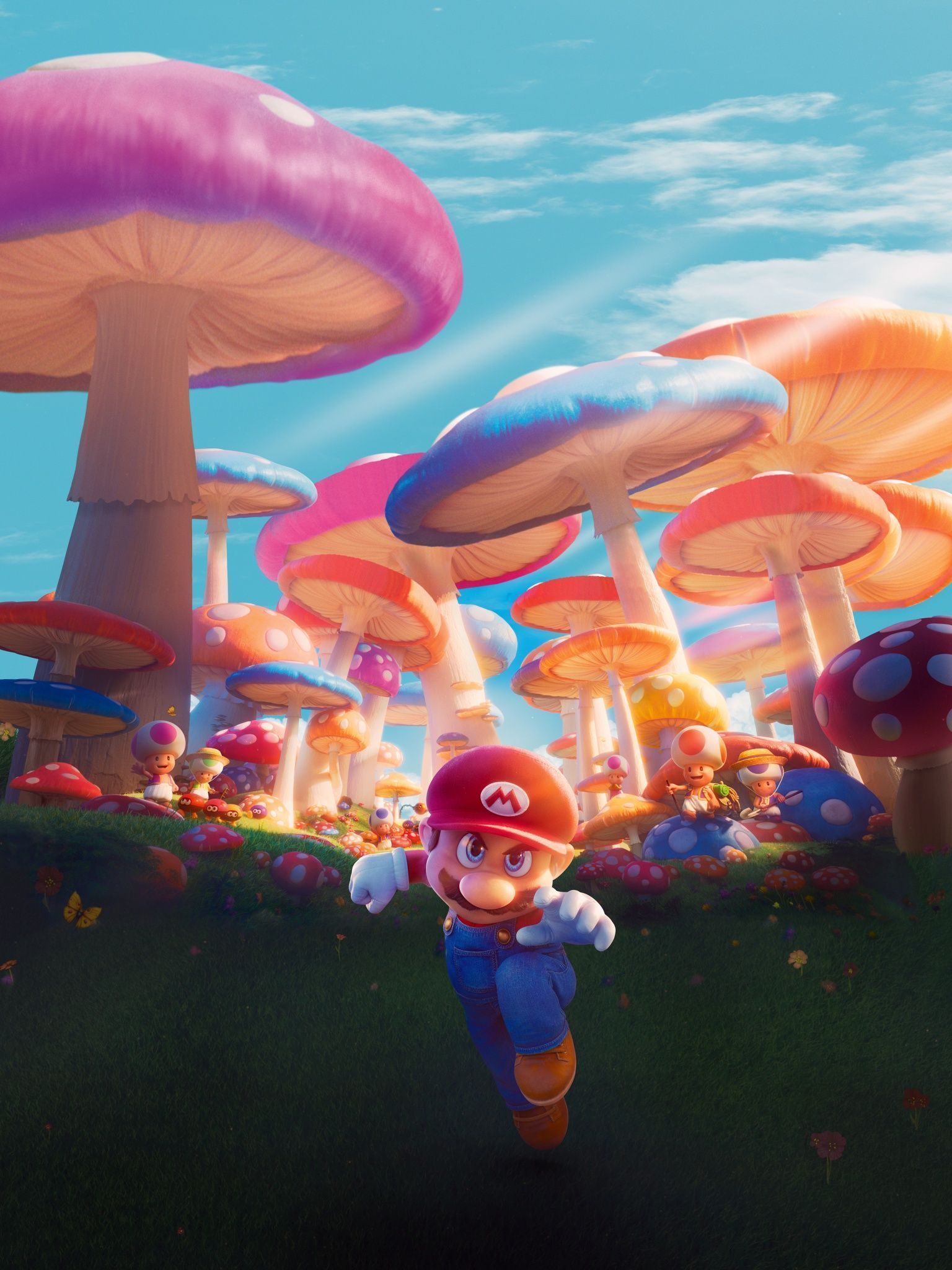 A cartoon of mario running through mushrooms - Super Mario