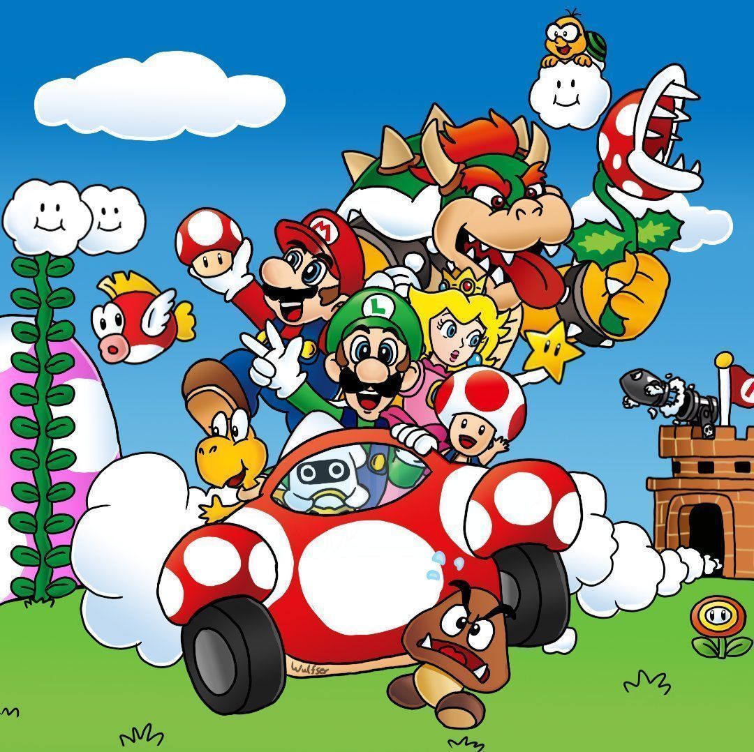 A group of Super Mario characters in a car. - Bowser, Super Mario