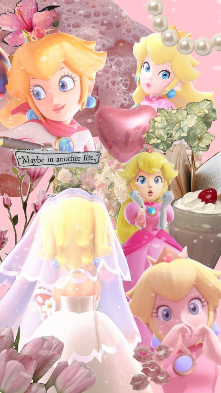 Collage of Peach in different dresses and tiaras - Super Mario, Princess Peach