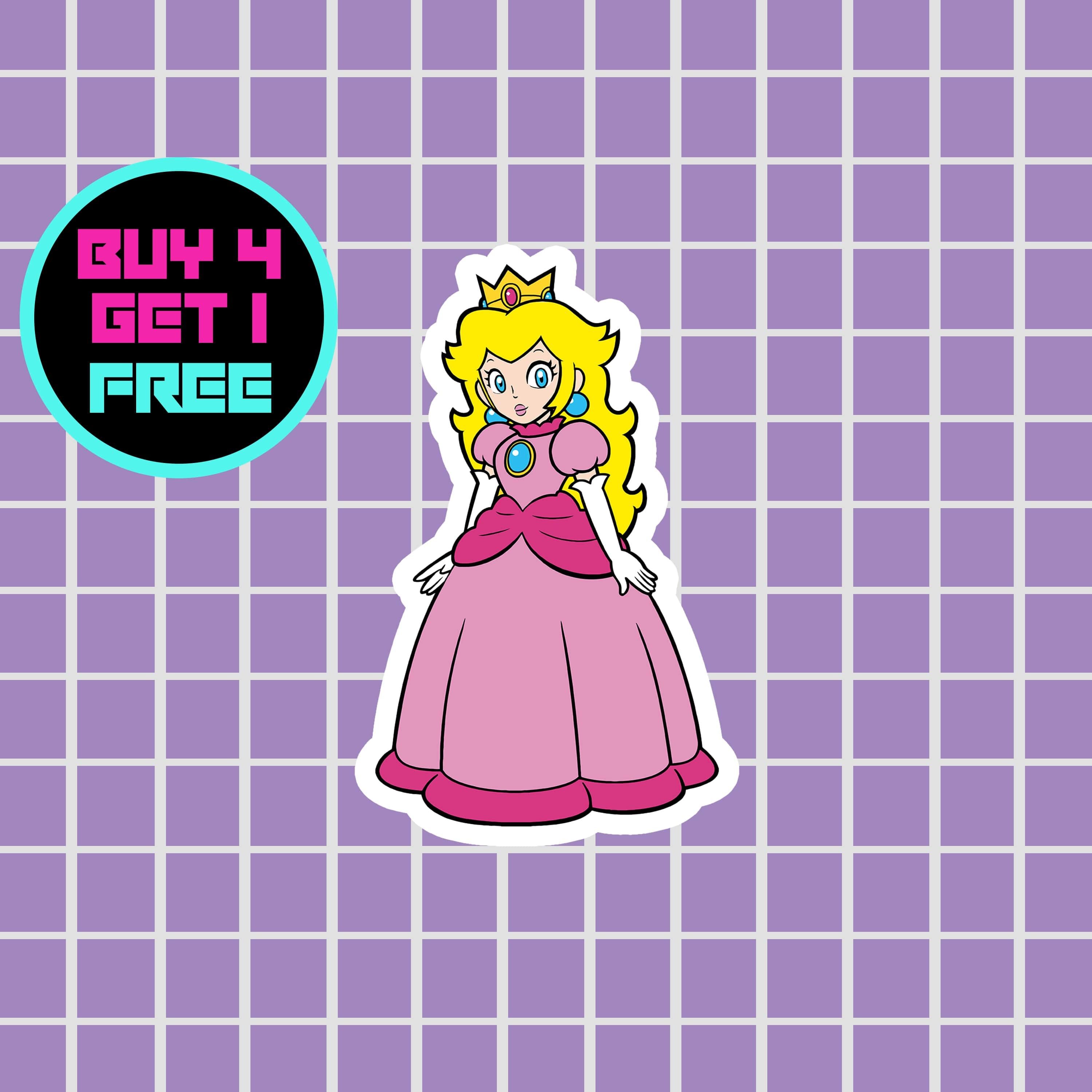 A sticker of Princess Peach from Super Mario Bros. with a purple grid background. - Princess Peach, sticker