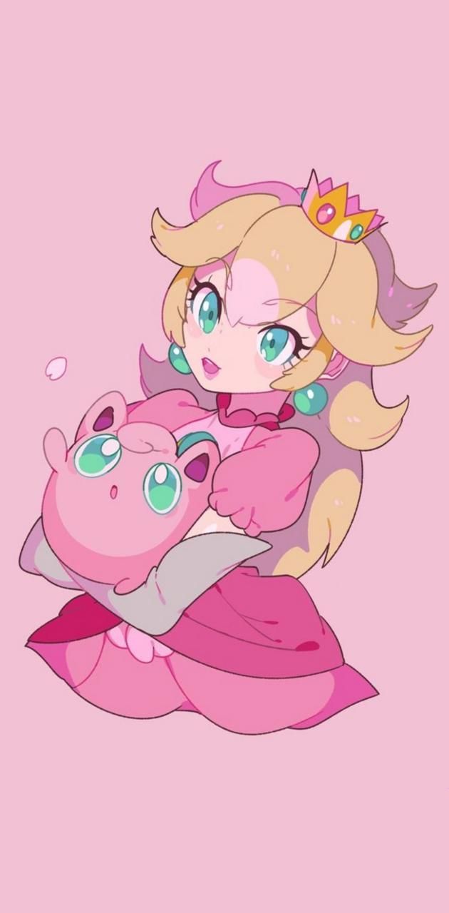 A cute pink princess holding her stuffed animal - Princess Peach, princess