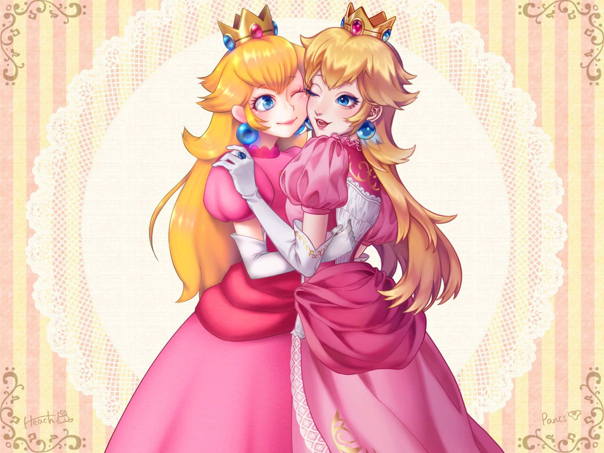 Two anime characters are hugging each other - Princess Peach