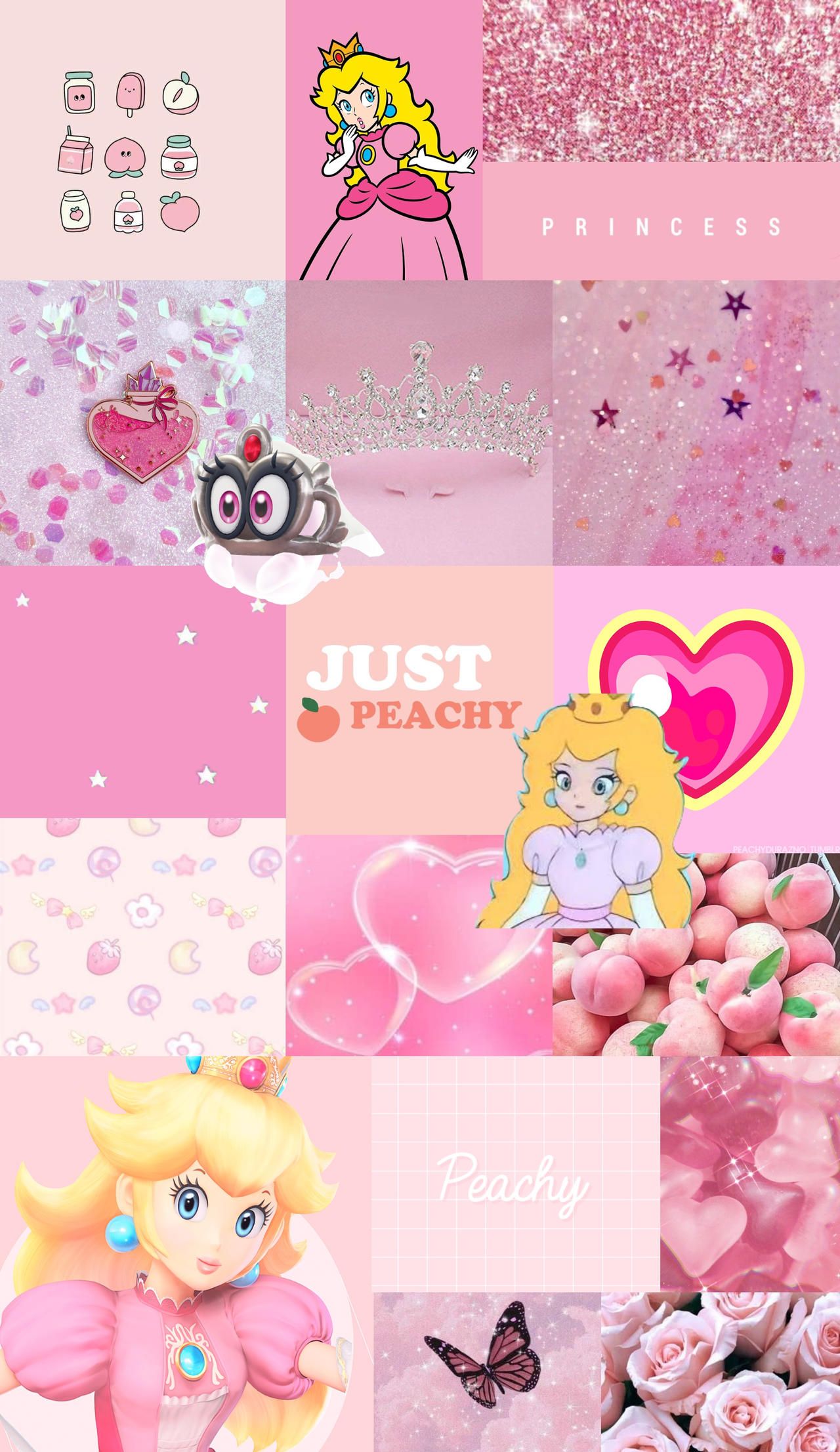 A collage of pictures with pink backgrounds - Princess Peach