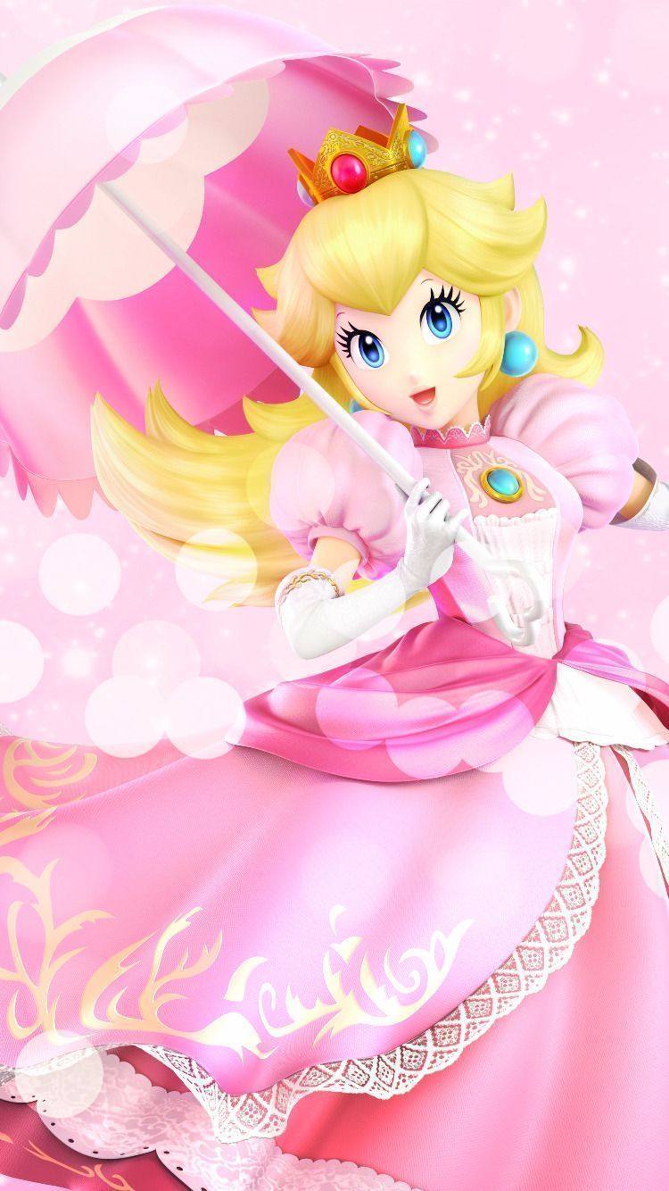 A cartoon character holding an umbrella in pink - Princess Peach