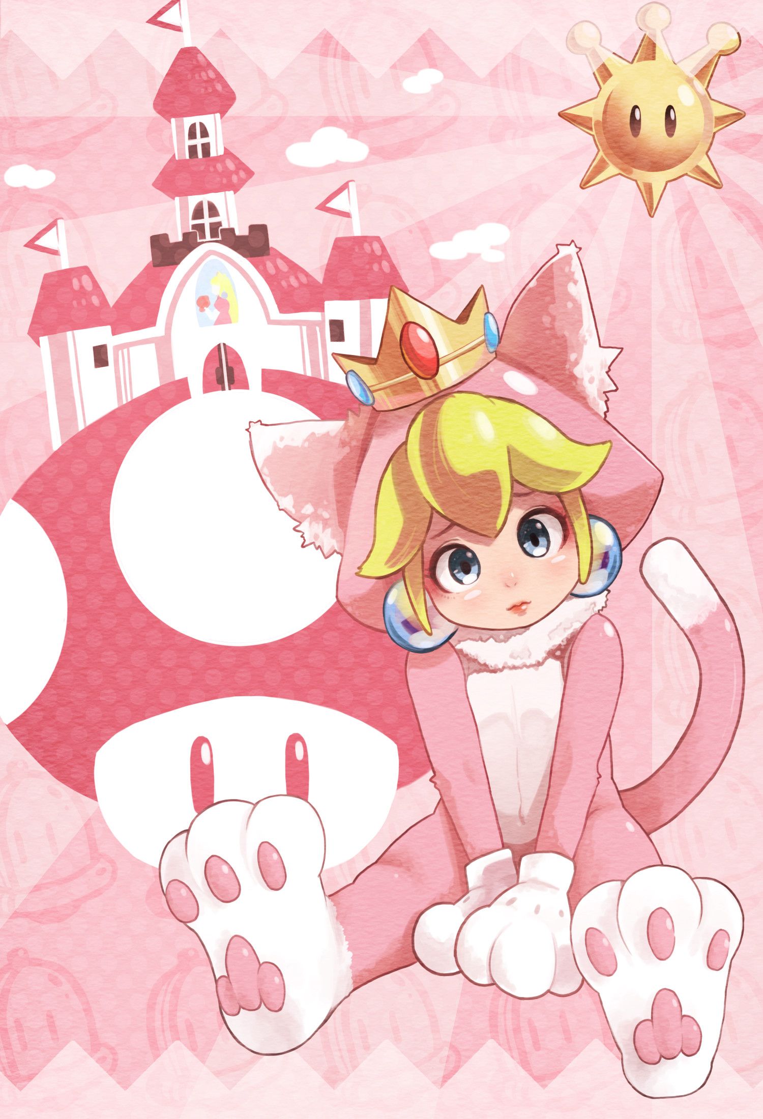 A blonde cat girl in a pink dress and a tiara - Princess Peach