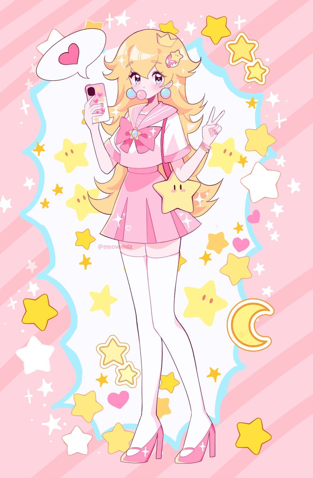 A cartoon girl in pink dress with stars - Princess Peach
