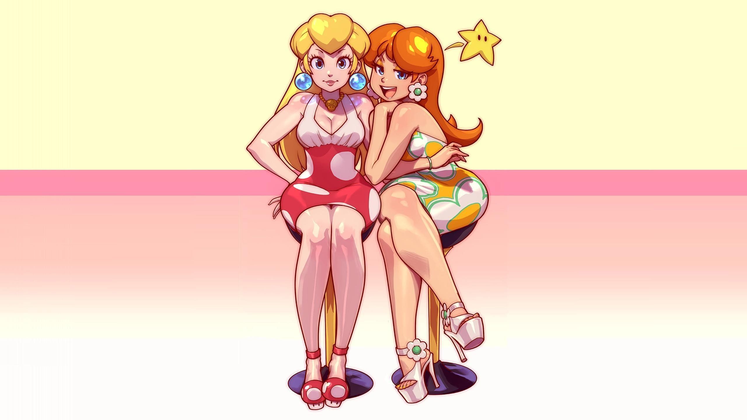 Two girls sitting on a bench with one of them holding the other - Princess Peach