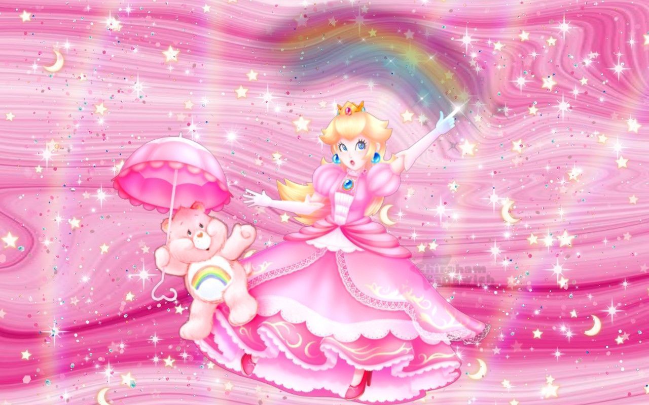 A cartoon princess with pink dress and rainbow - Princess Peach, Nintendo, Super Mario