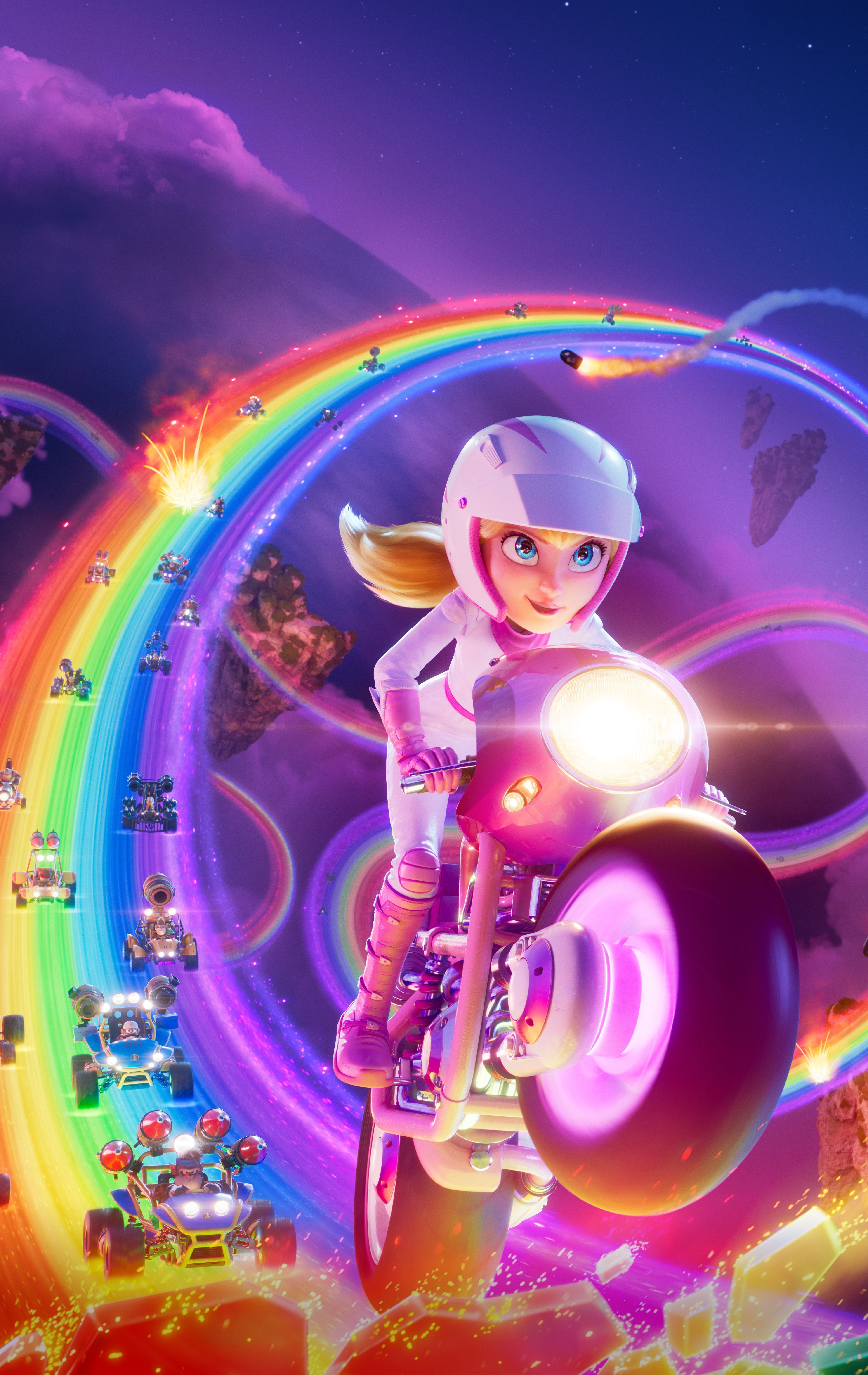 A character from the game Mario Kart rides a motorcycle through a rainbow. - Princess Peach