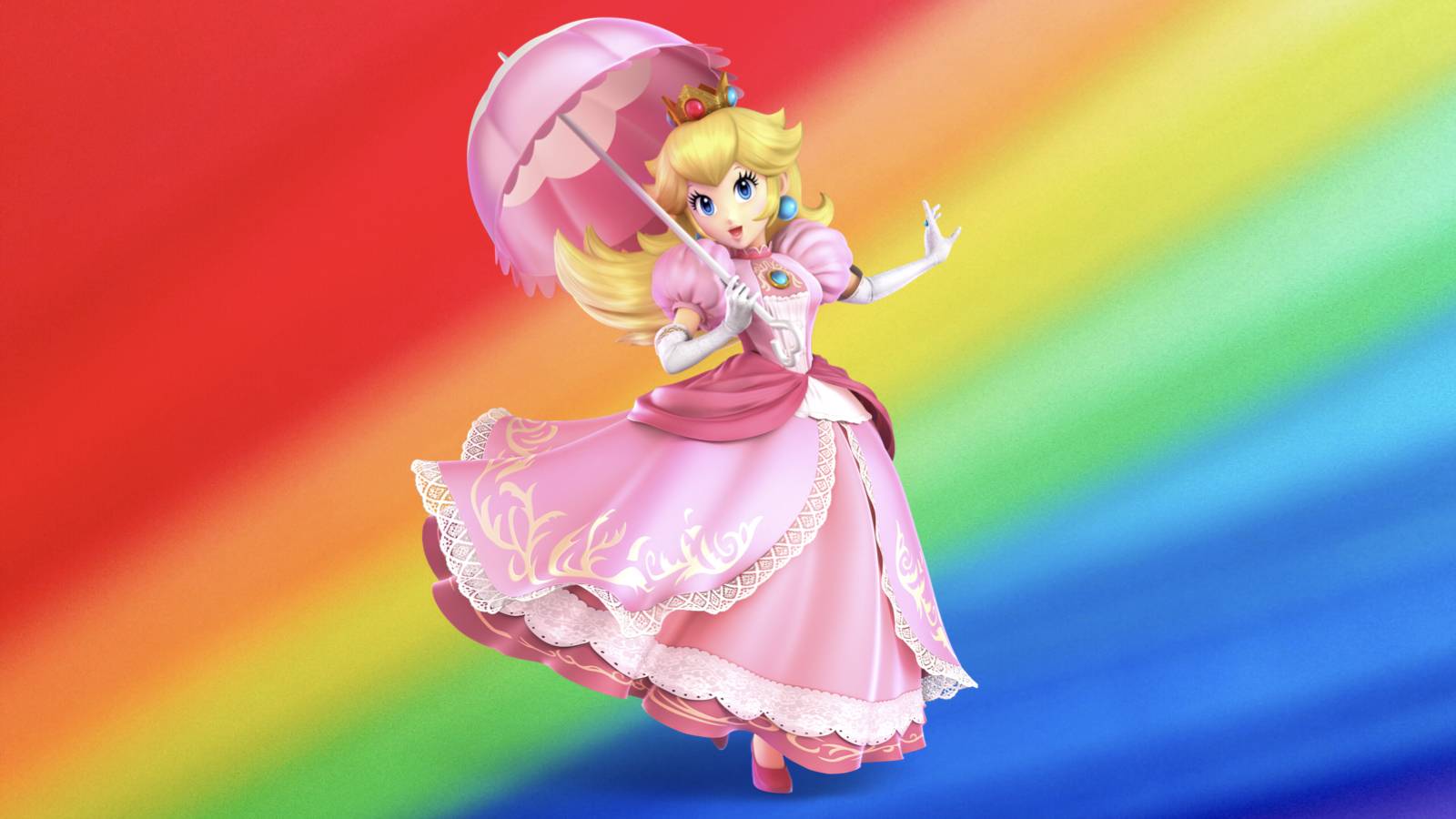 Princess Peach stands in front of a rainbow background, holding a pink parasol. - Princess Peach