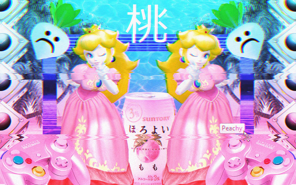 Peach, the princess from Mario games, is depicted in a pink dress in this digital artwork. - Princess Peach