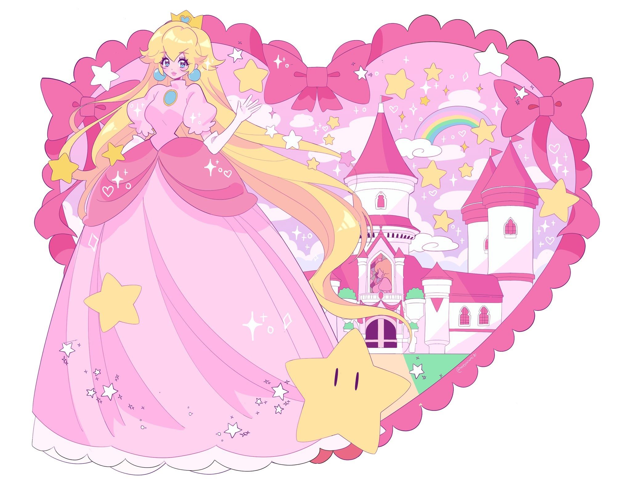 A pink-haired anime princess in a pink dress stands in front of a pink castle. - Princess Peach
