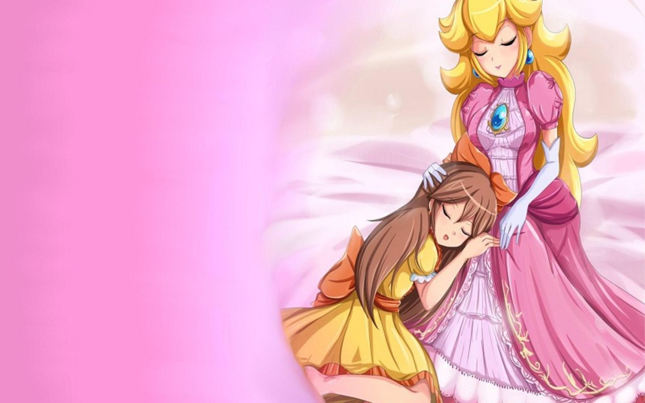 Princess Peach and her daughter, Princess Daisy, are shown in a more humanized light in this wallpaper. - Princess Peach