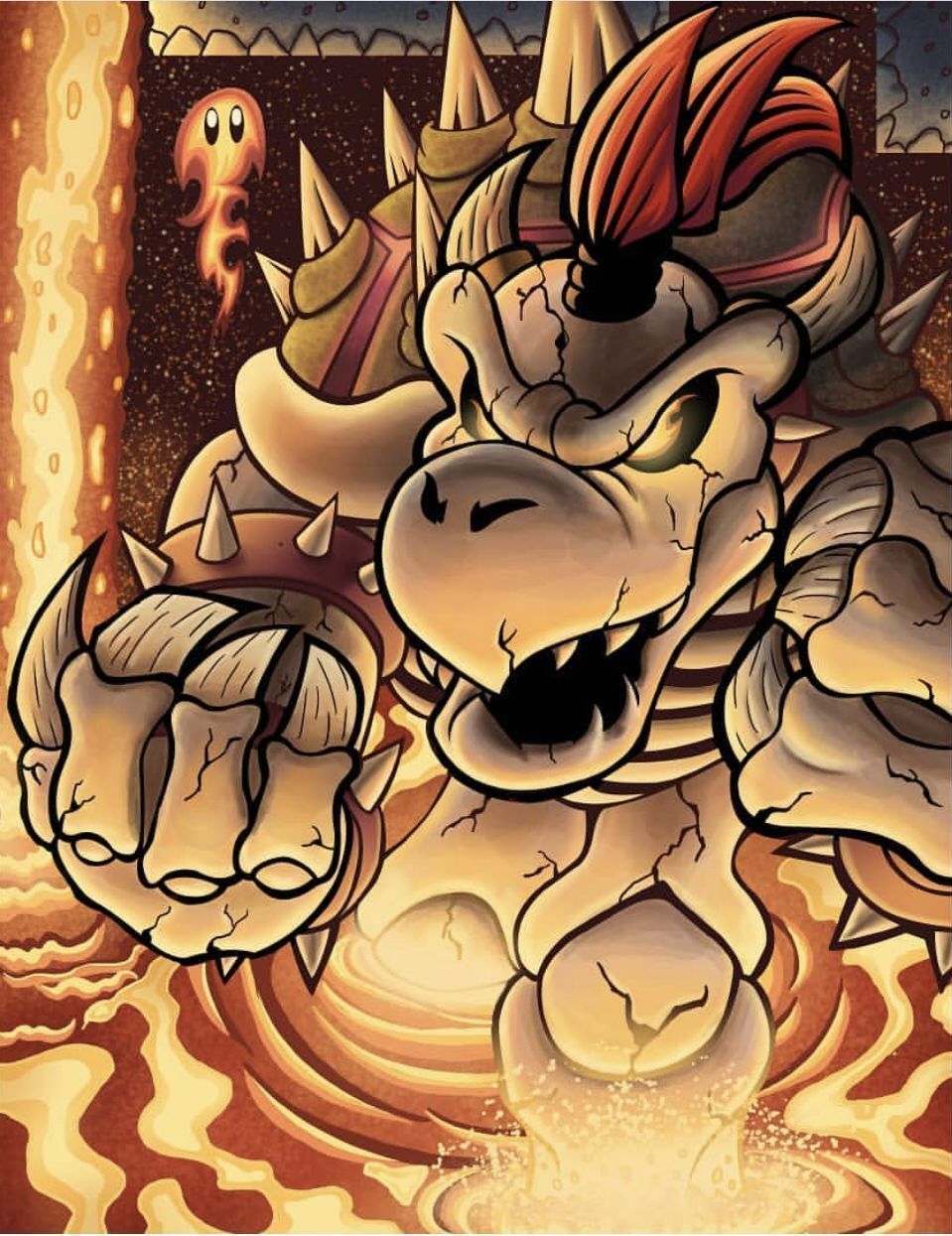 A small ghost floats above a pair of Bowser's minions, who are being consumed by flames. - Bowser