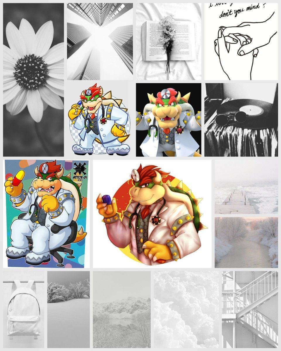 A collage of black and white images including Mario characters, flowers, and staircases. - Bowser