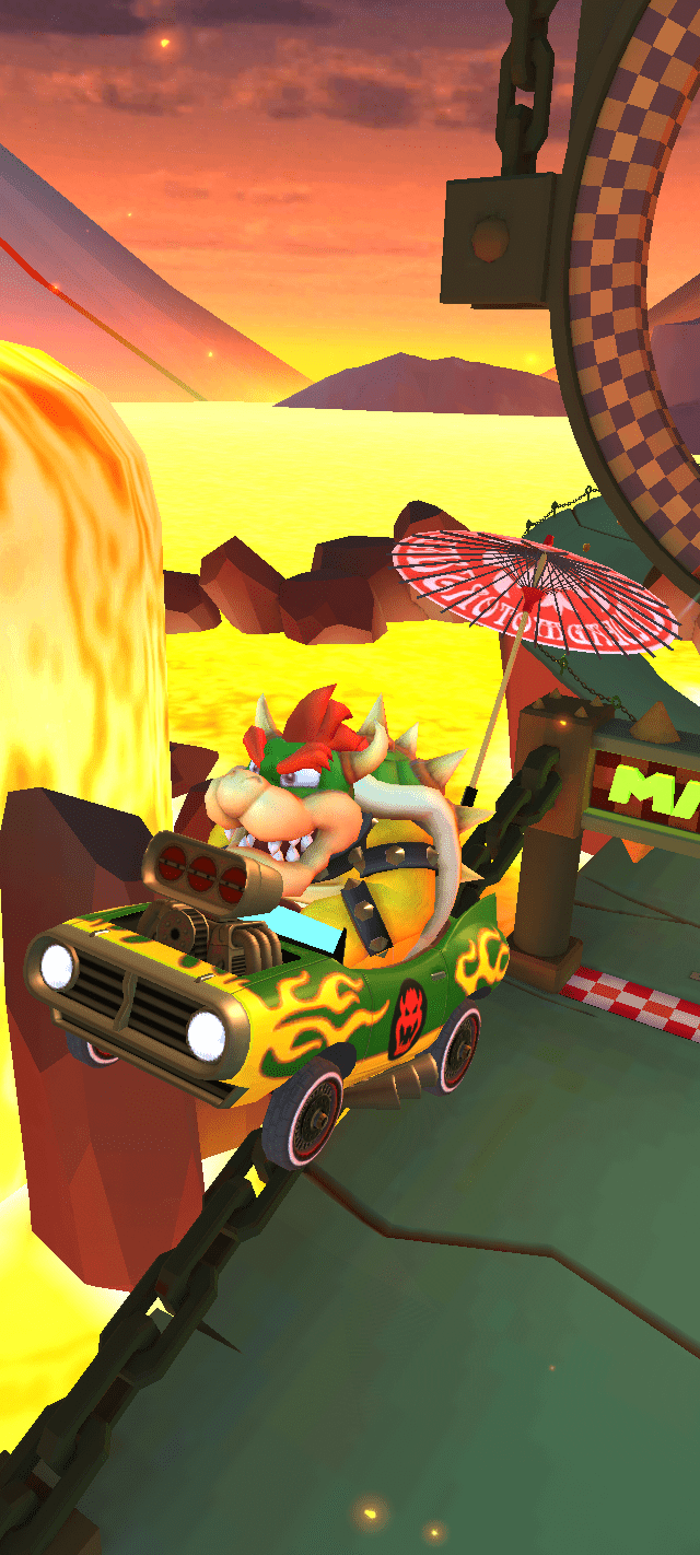 A cartoon character driving in an old car - Bowser