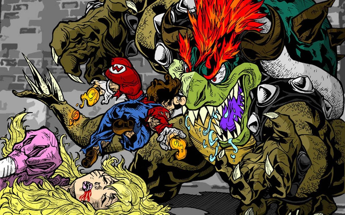 A group of characters from Super Mario games, including Mario, Bowser, and Princess Peach, are surrounded by monsters. - Bowser