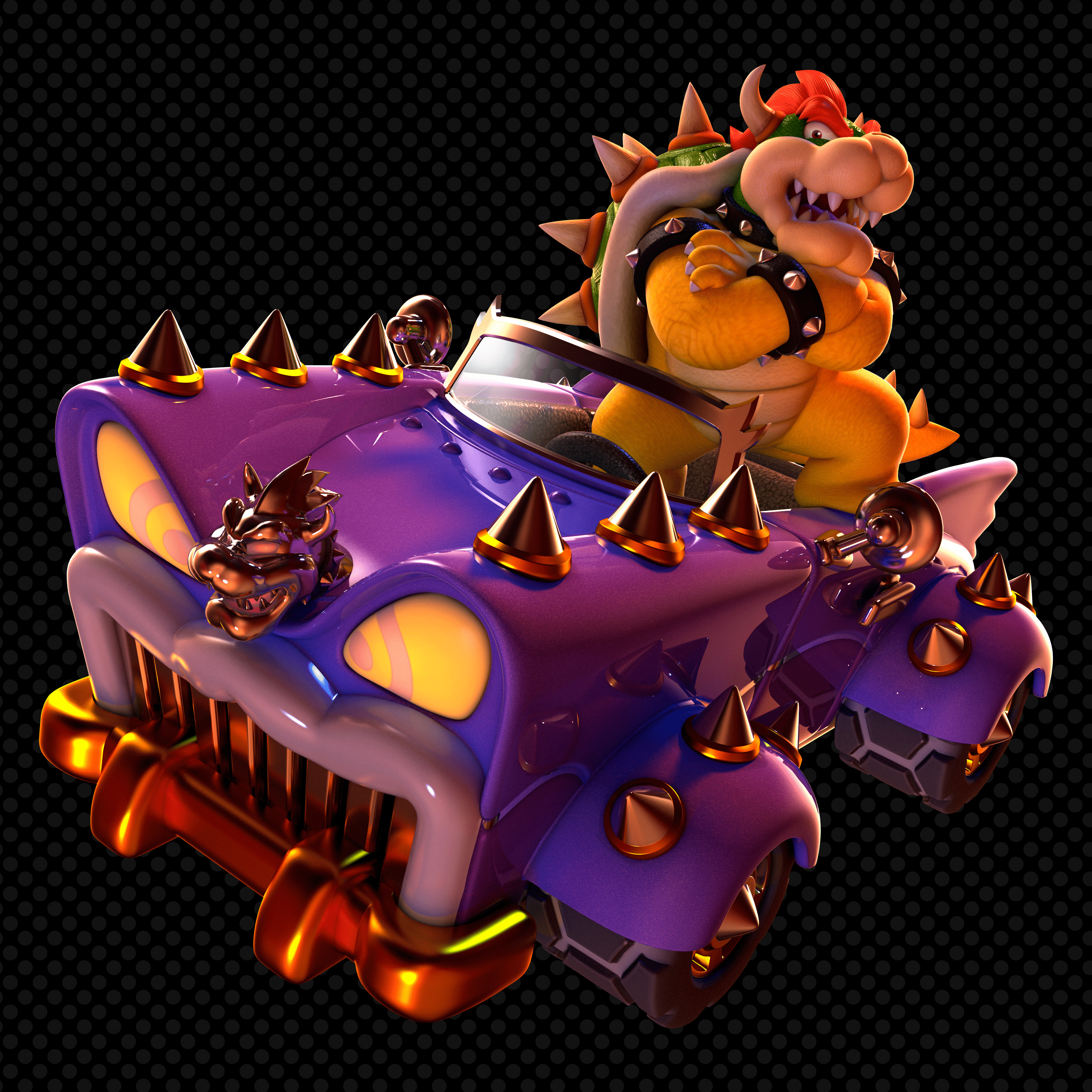 A purple car with a face on it and spikes on the hood. - Bowser