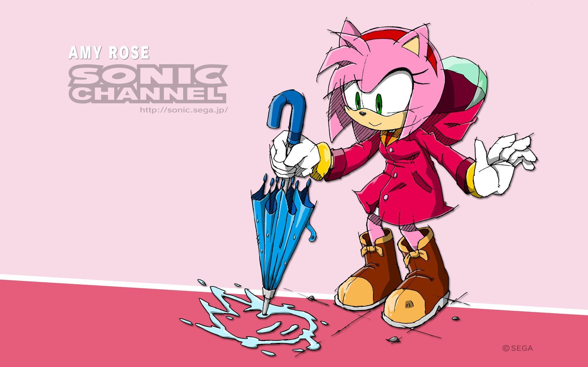 Amy Rose holding an umbrella and standing in the rain. - Sonic