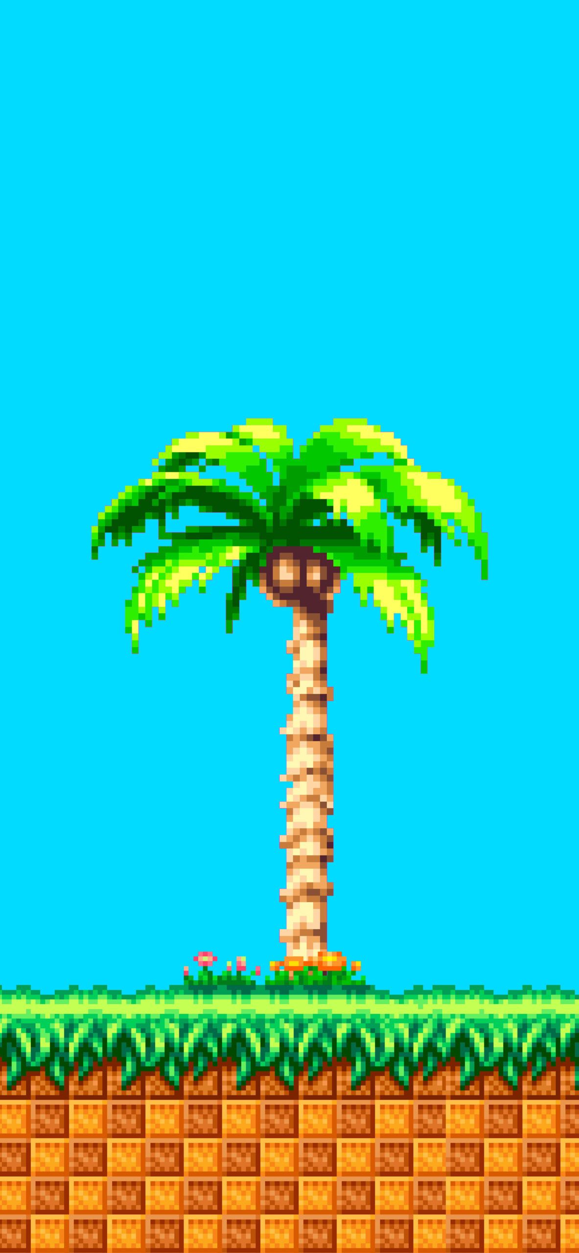 A pixel art of sonic the hedgehog and palm tree - Sonic