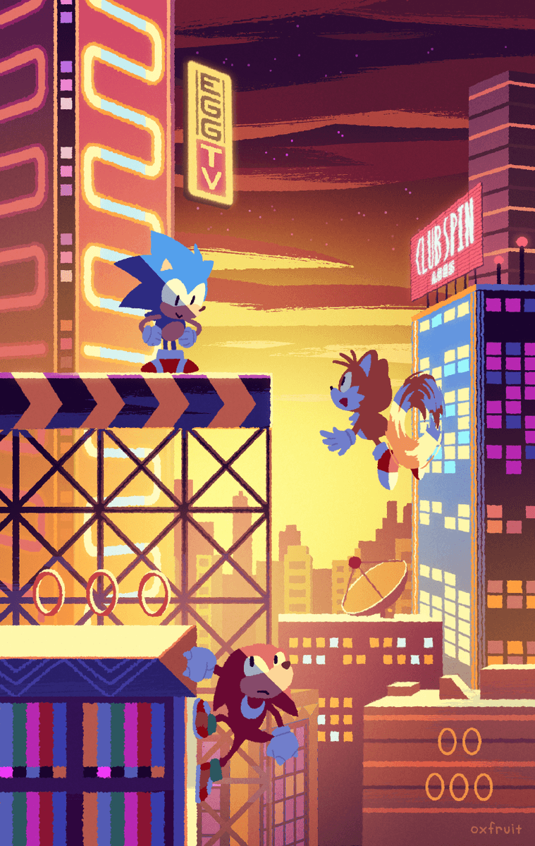 A digital artwork of Sonic and Tails running through a city at sunset. - Sonic