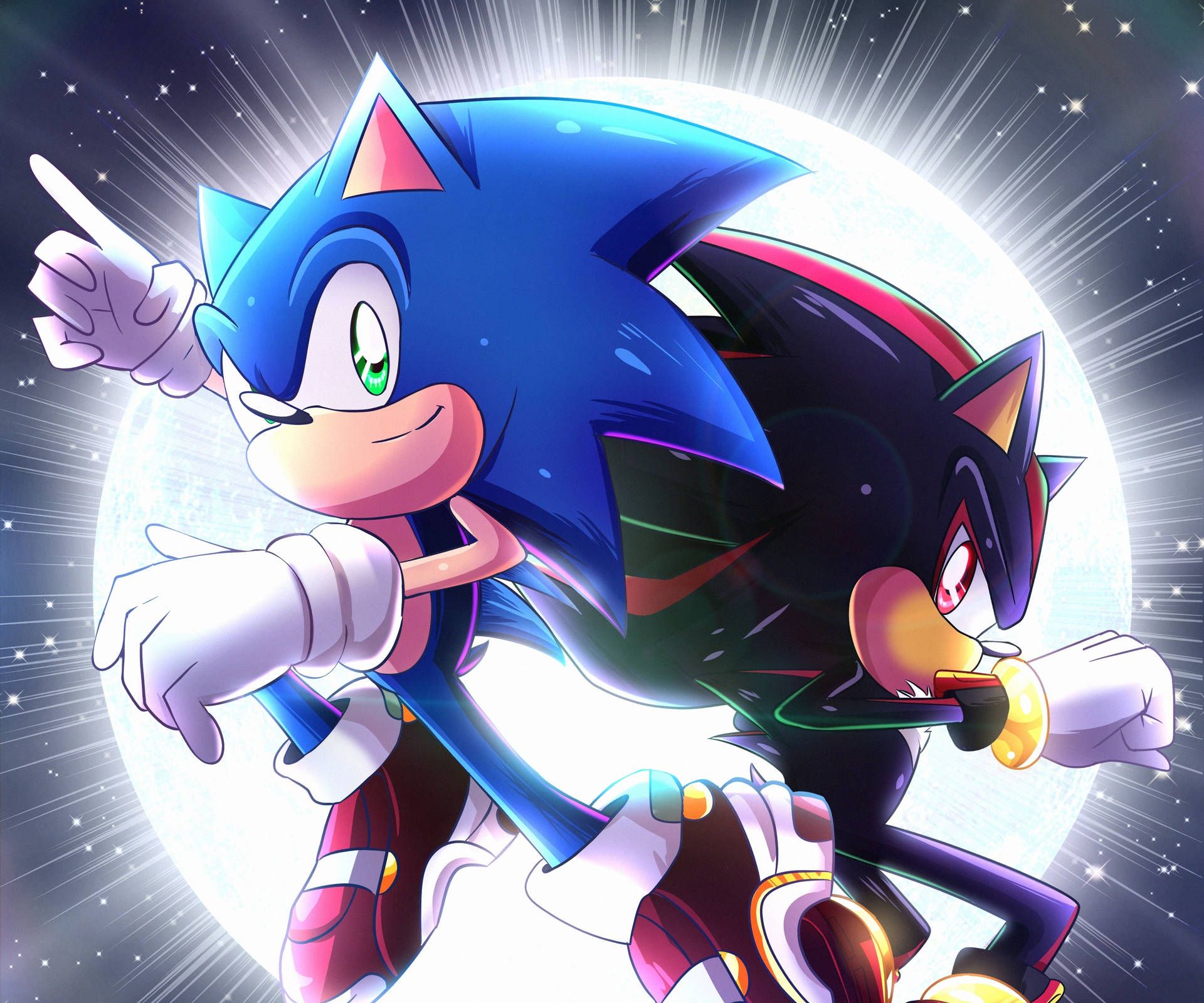 A cartoon of sonic and shadow running - Sonic