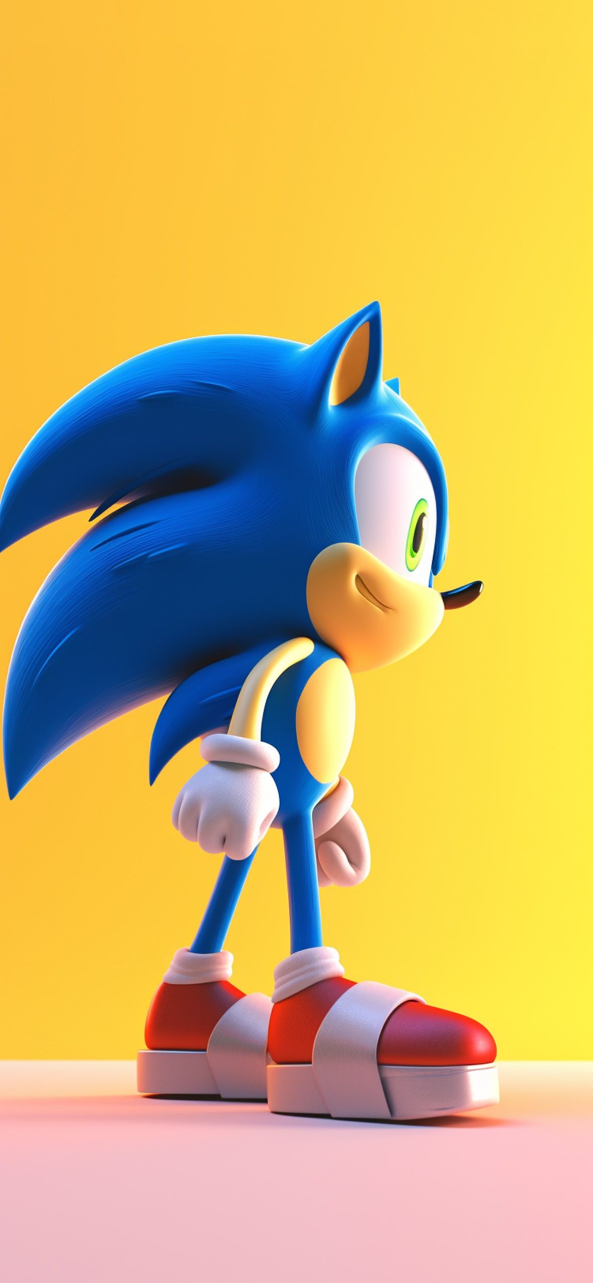 A wallpaper of Sonic the Hedgehog standing on a pink floor with a yellow background - Sonic
