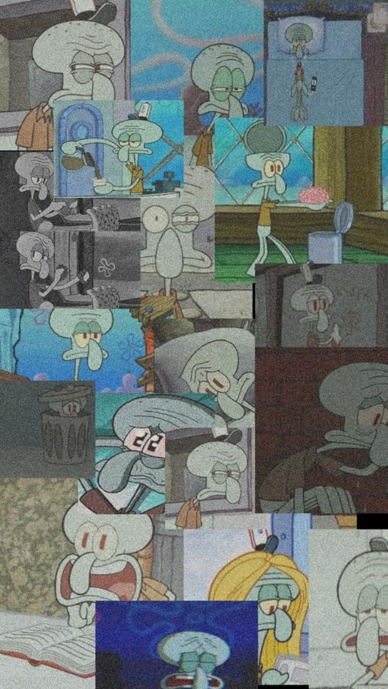 The image showcases a montage of various animated cartoon characters in various poses, such as a squid and a fish. The cartoon characters seem to be floating in a room together, with some of them interacting with each other. There are a total of twelve characters in the scene, spread across the montage. The montage showcases a series of unique moments in the lives of these characters,  - Squidward
