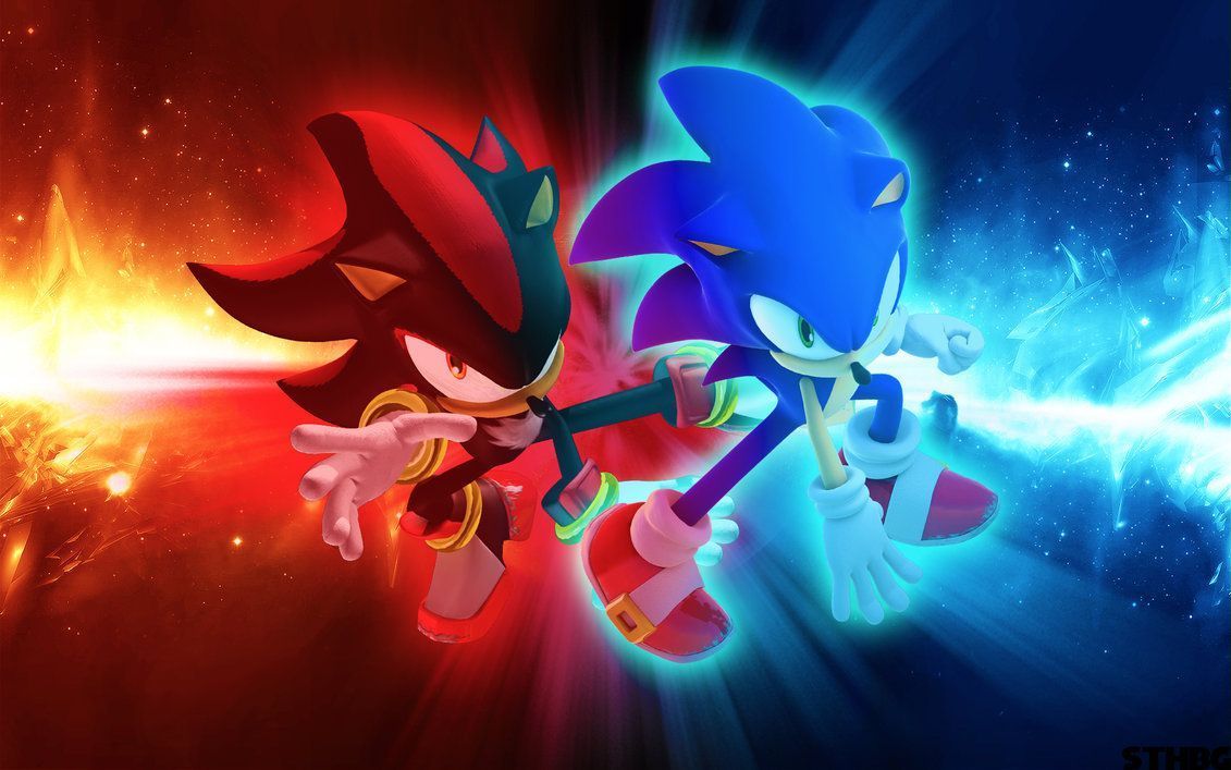 A red and black hedgehog and a blue hedgehog fight in front of a colorful background. - Sonic