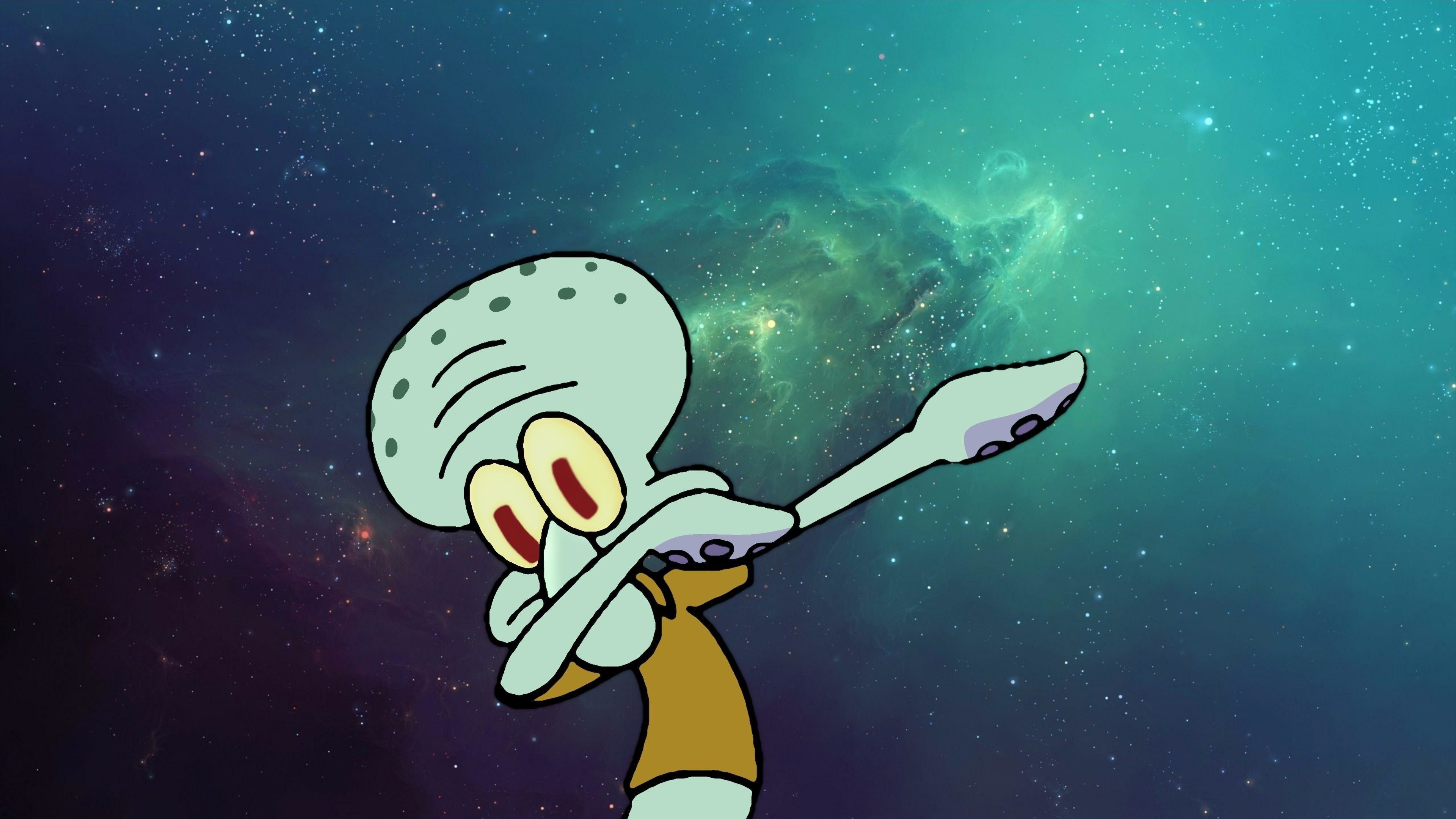 A cartoon character is standing in front of the stars - Squidward, dab dance