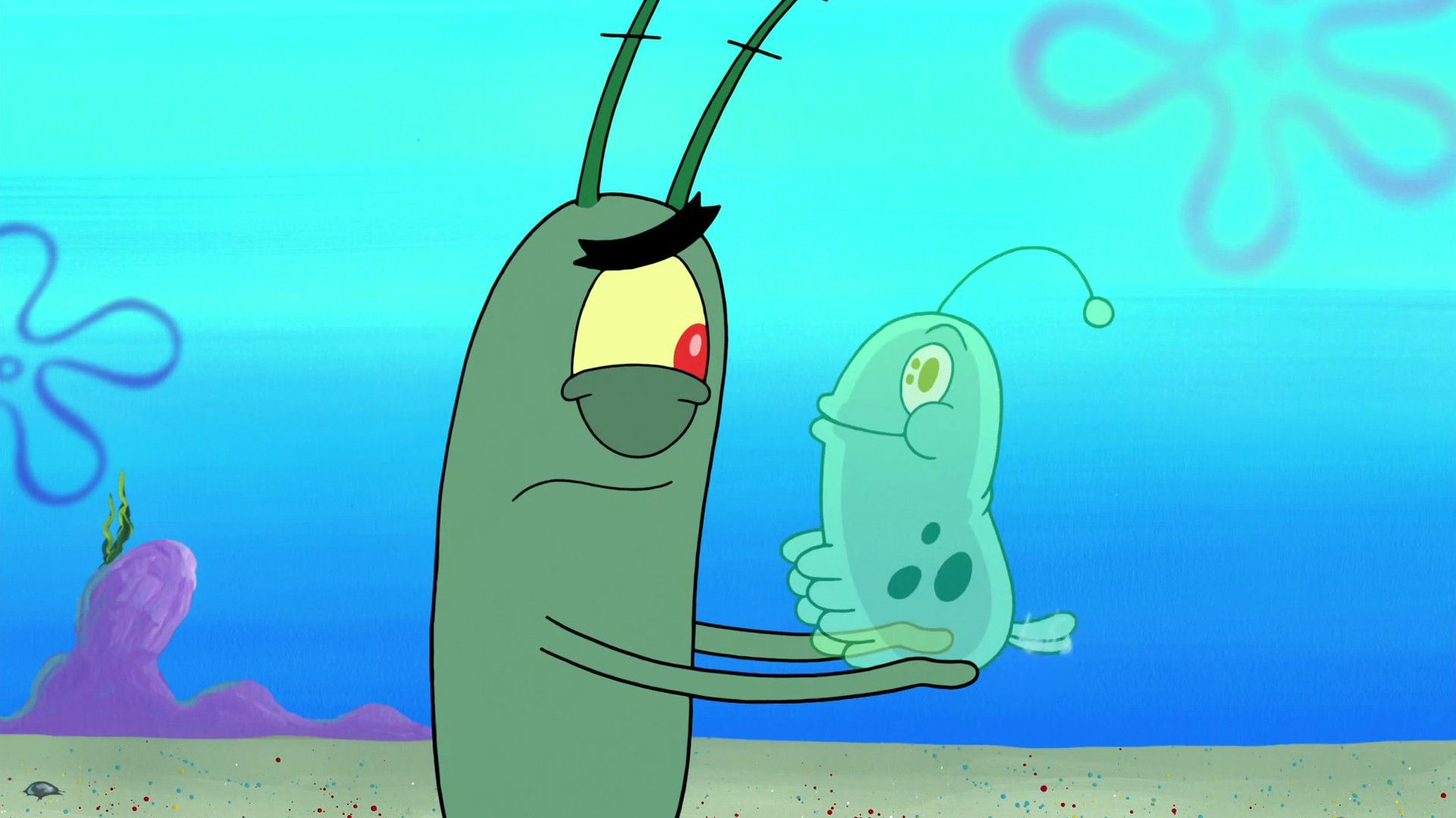 Plankton holding a baby squid - Squidward