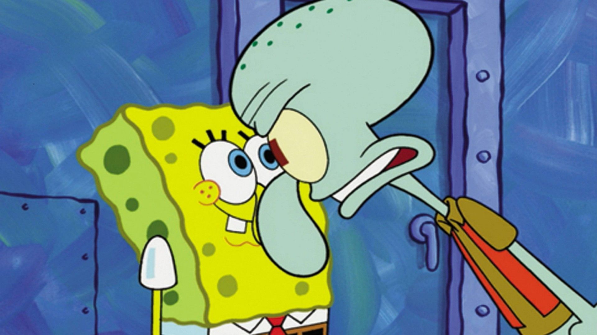 A cartoon character is looking at another - Squidward