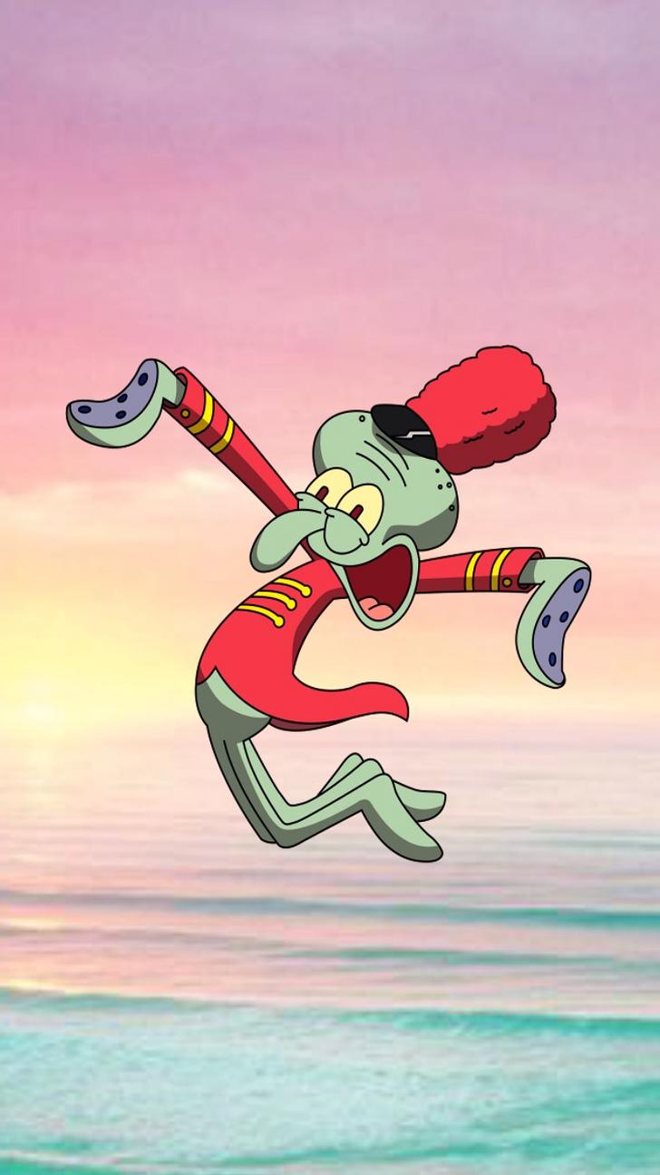 Squidward jumping in the air with a red shirt on - Squidward