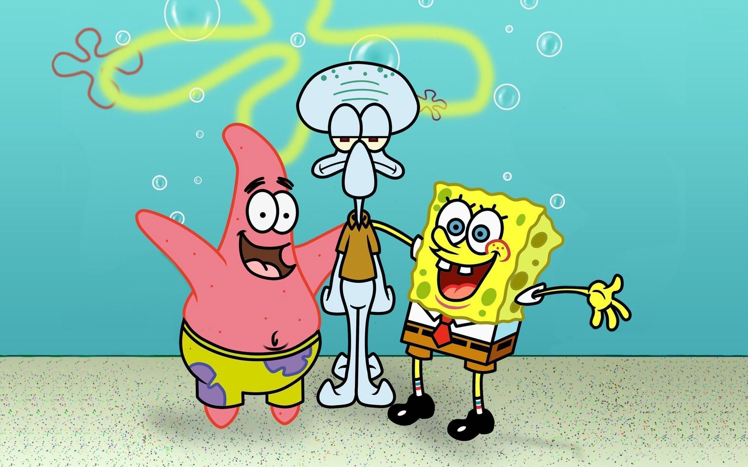 Patrick, Squidward, and SpongeBob are all in a group pose, with SpongeBob and Patrick on the left and Squidward on the right. They are all smiling and looking at the camera. There are bubbles in the air and a yellow star above them. - Squidward, SpongeBob