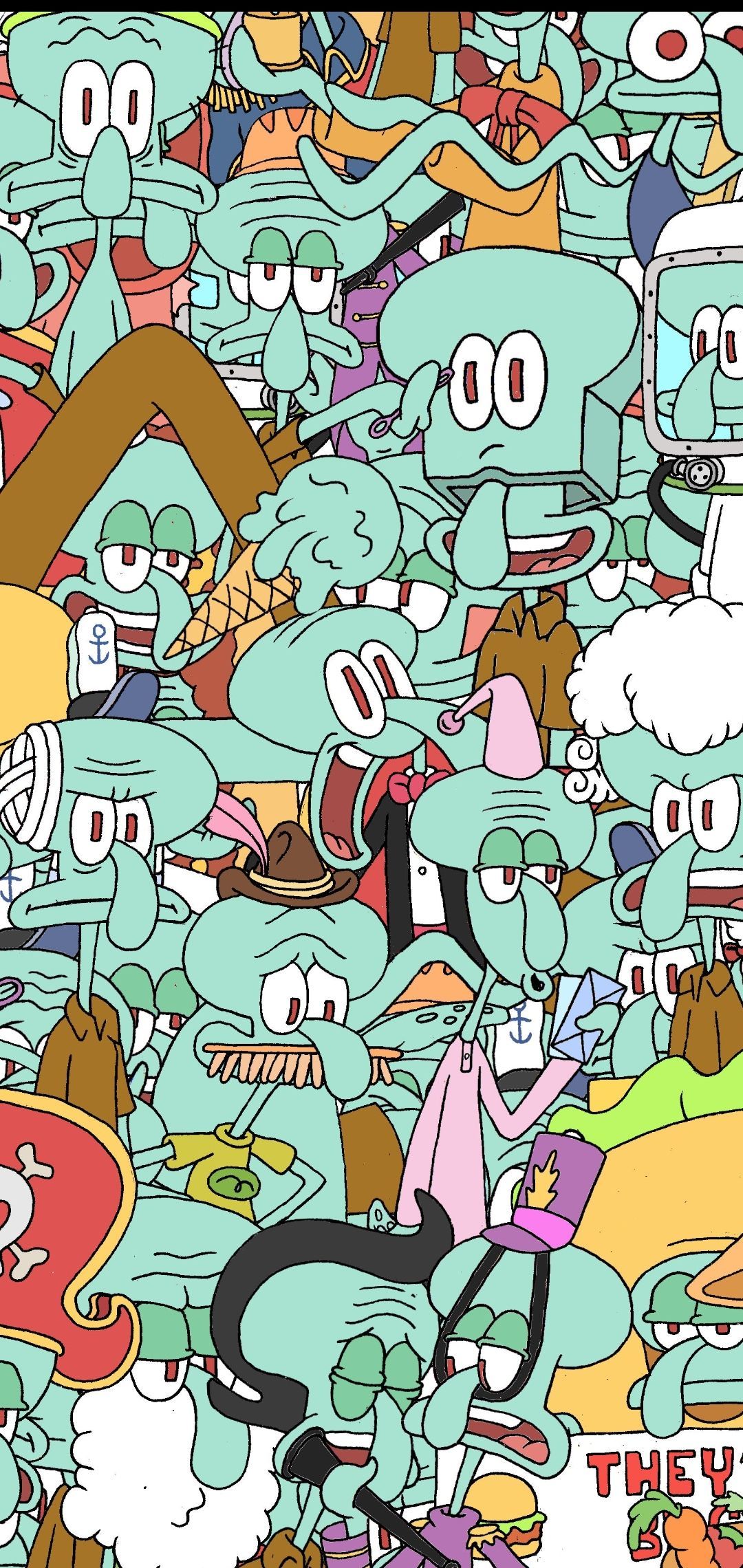 A poster with many different cartoon characters - Squidward