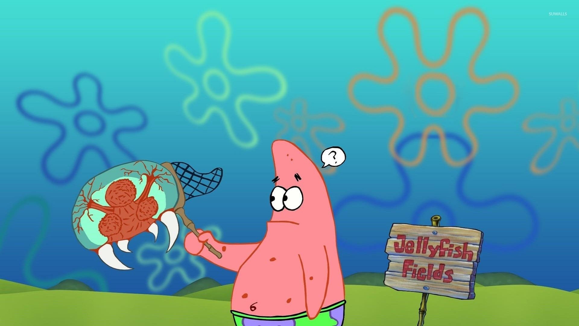 Patrick Star, from the popular animated television series Spongebob Squarepants, is holding a jellyfish in his hand. - Squidward