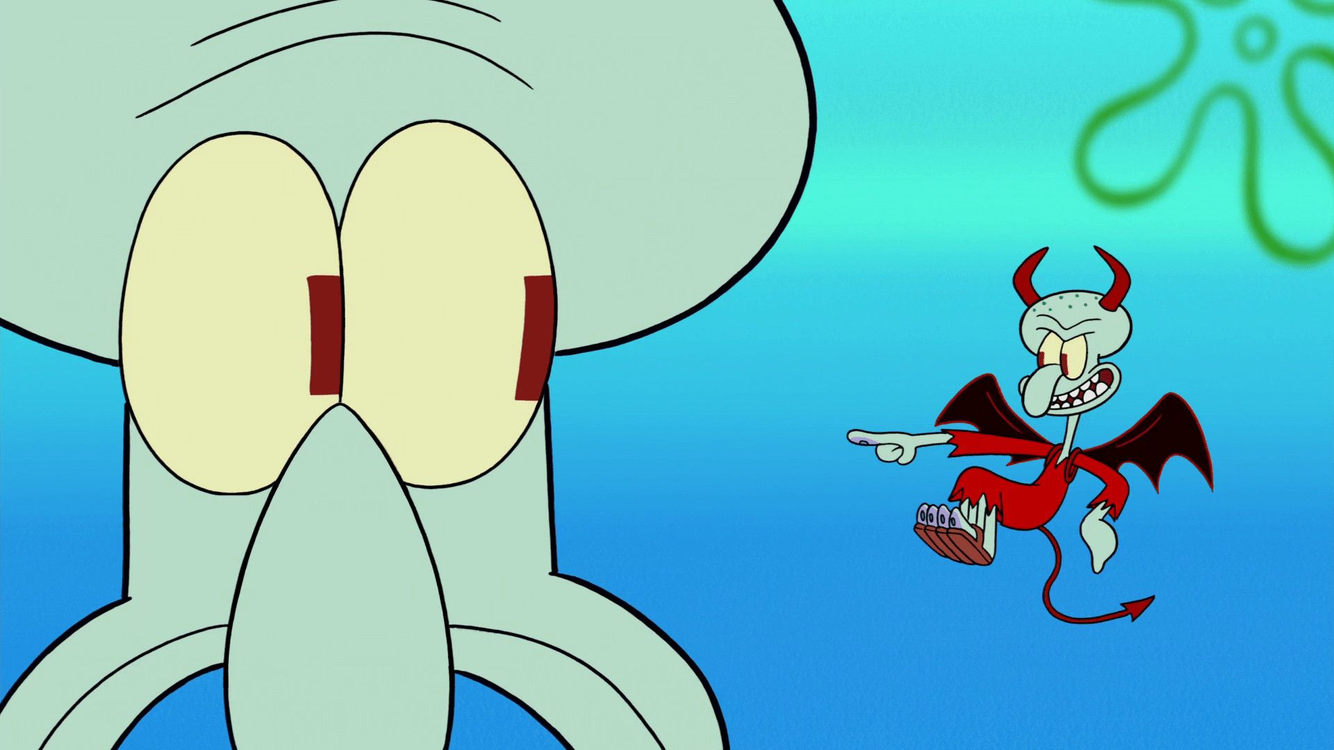 Plankton is pointing at Squidward's Krabby Patties, which are in the shape of a devil's horns - Squidward