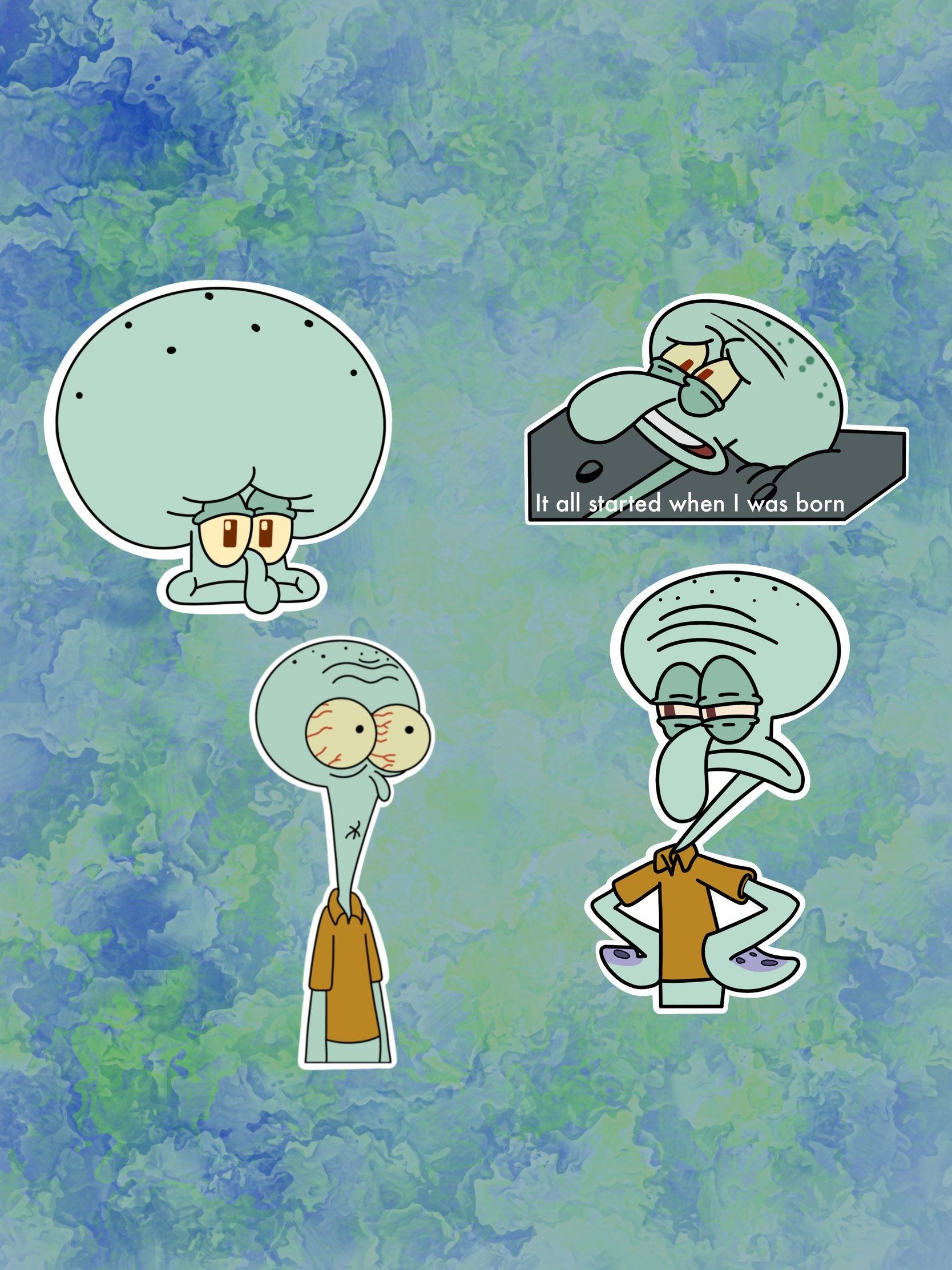 A sticker sheet with four stickers of Squidward from Spongebob. - Squidward