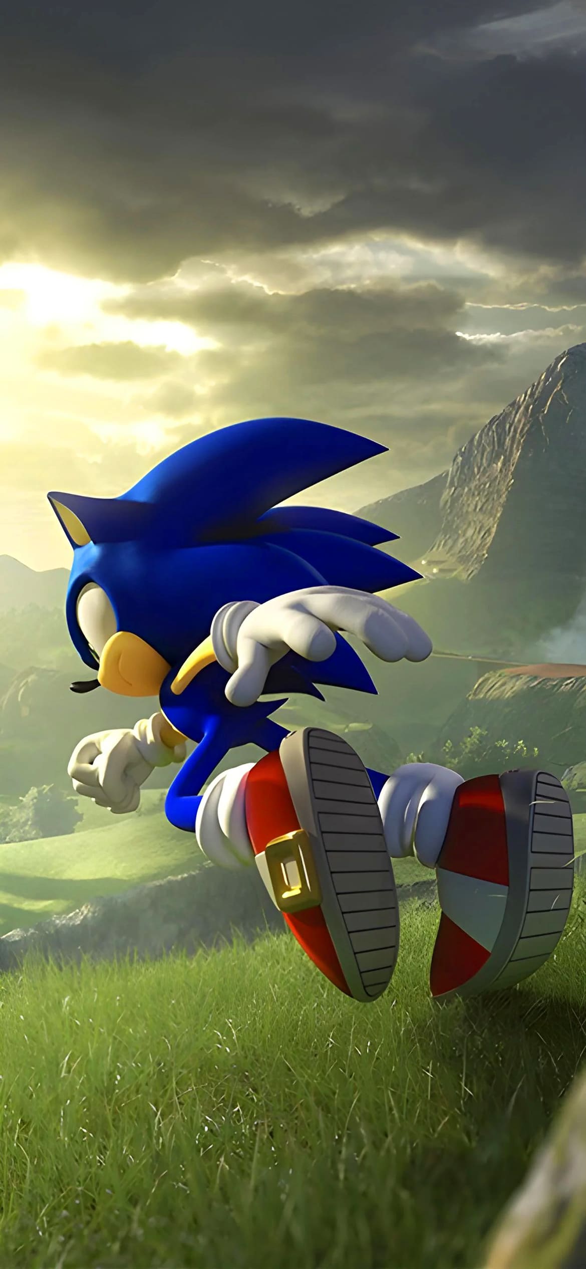 Sonic the Hedgehog running on a grassy hill with a dark sky in the background - Sonic