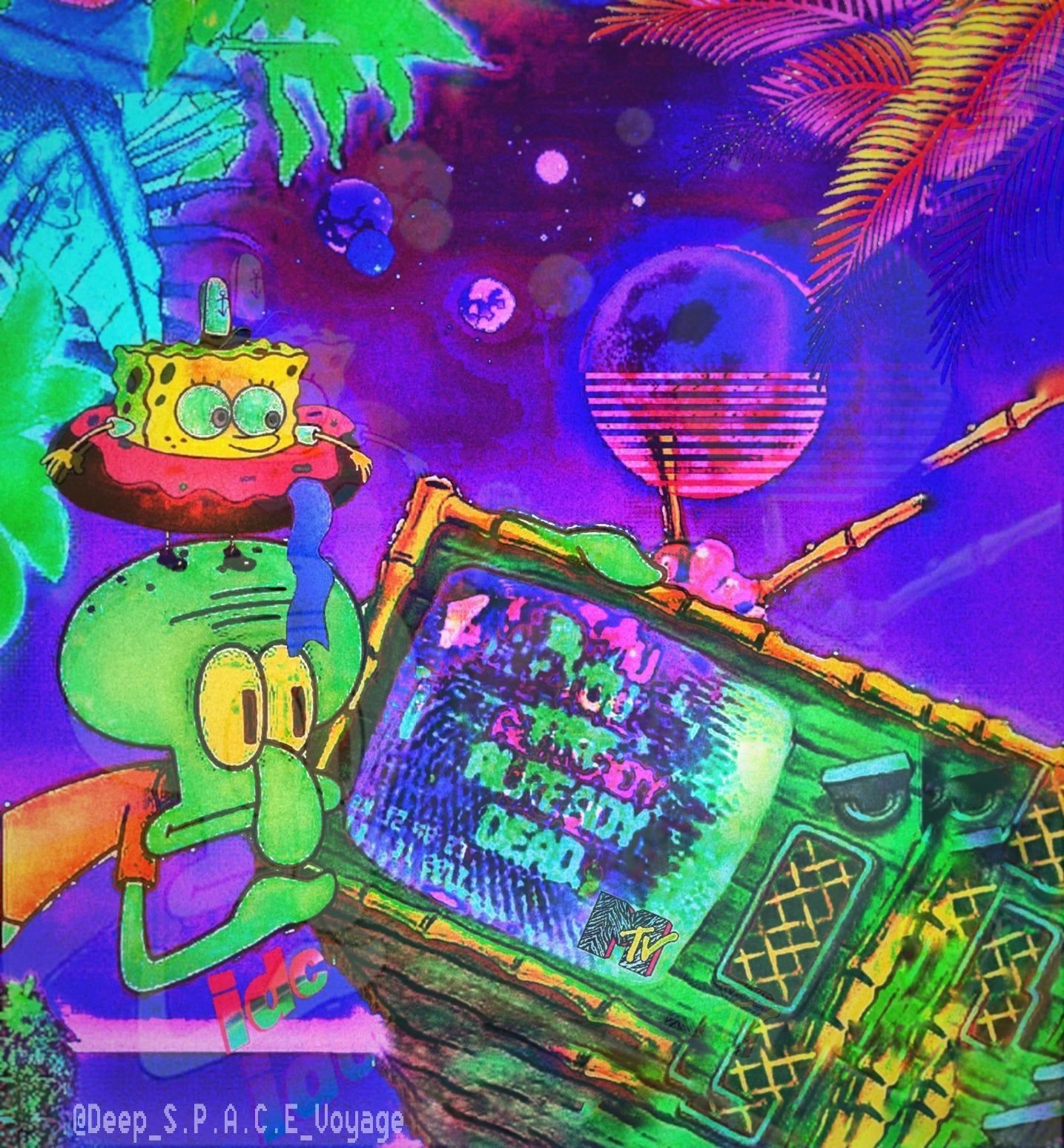 A painting of spongebob and his friends in front - Squidward