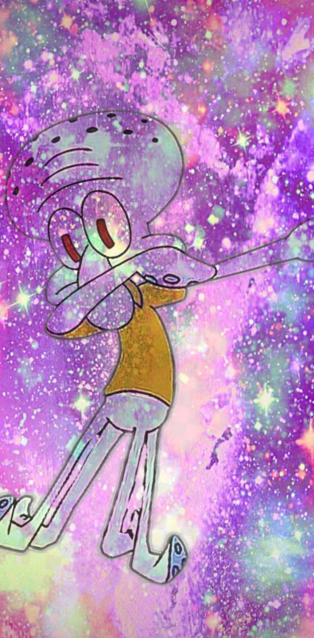 A cartoon character with purple and pink stars in the background - Squidward