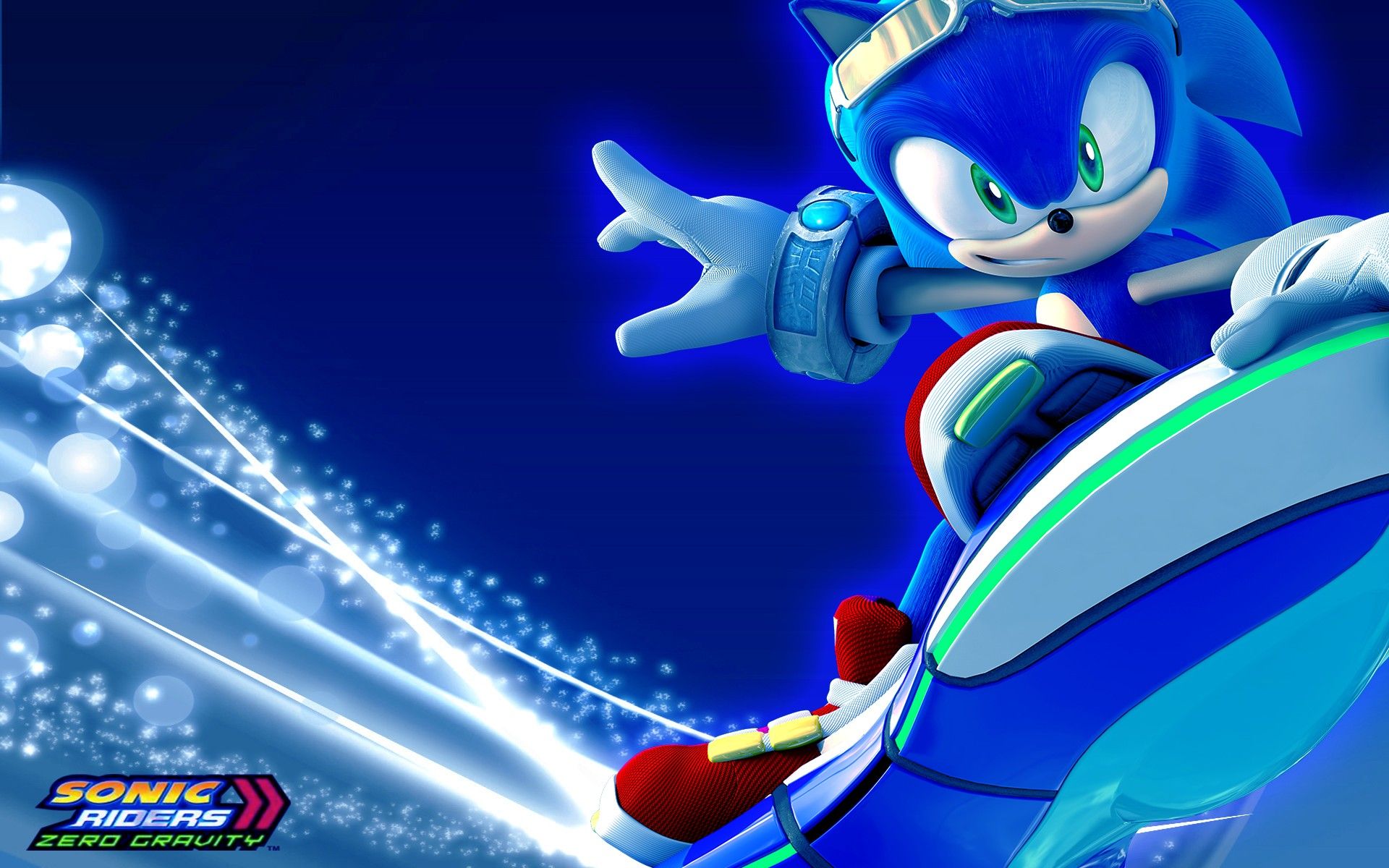 A blue hedgehog wearing a red and white jacket and green gloves is on a snowboard. - Sonic