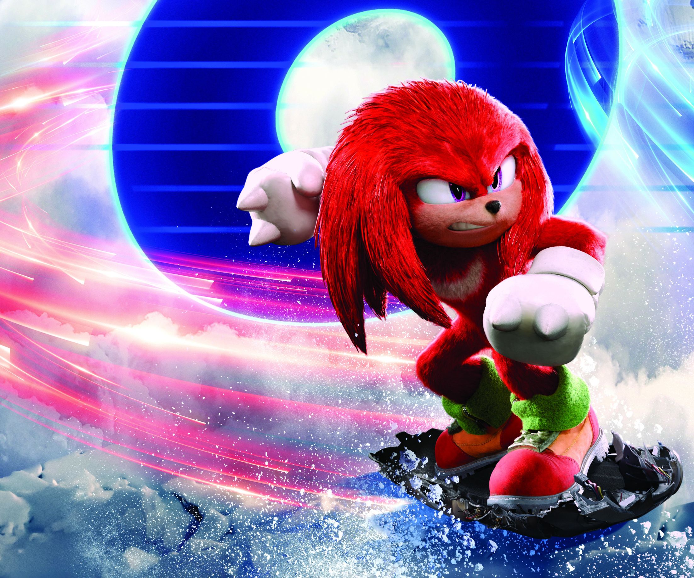 Knuckles the Echidna, a red echidna, stands on a snowboard in the air in front of a blue and pink portal - Sonic