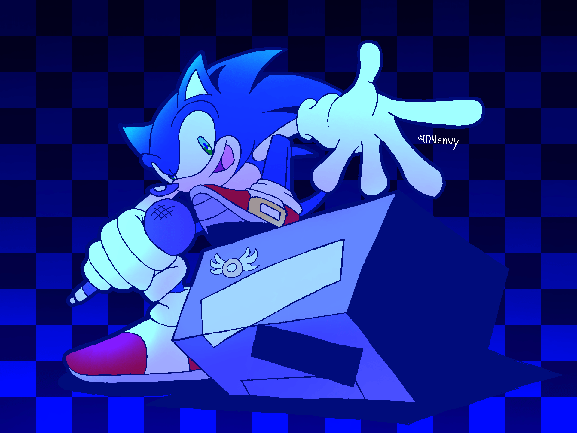 Sonic the hedgehog in a blue suit with his hand on top of it - Sonic