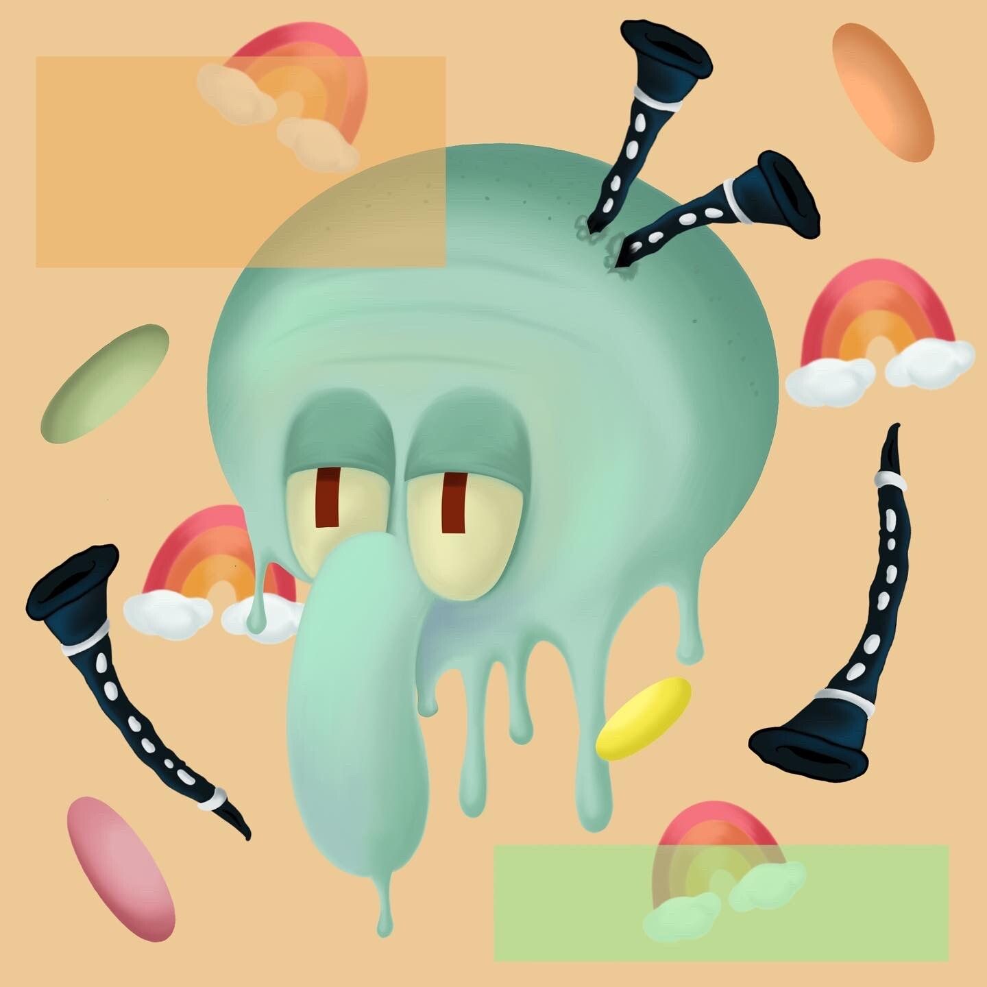 A cartoon character with candy and other items - Squidward