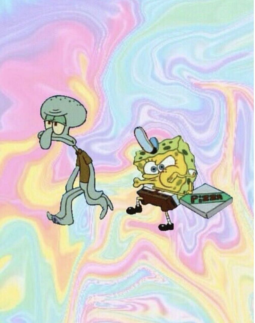 A cartoon image of Spongebob and Squidward on a rainbow background - Squidward