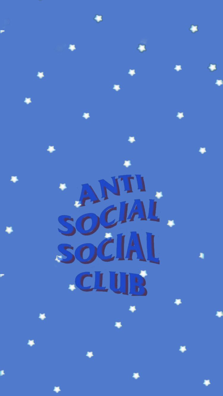A blue background with white snowflakes and the words anti social club - Blue, Anti Social Social Club